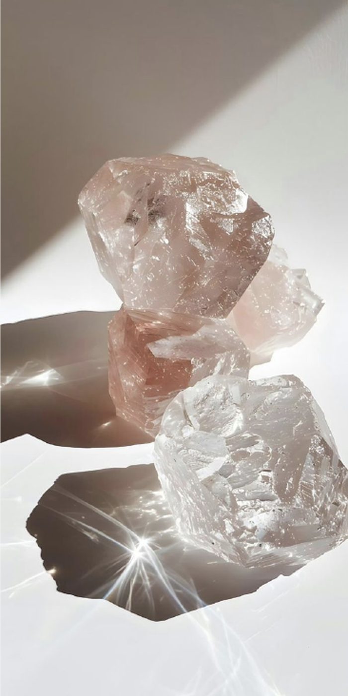 Cuarzos rosados y cristales a contraluz